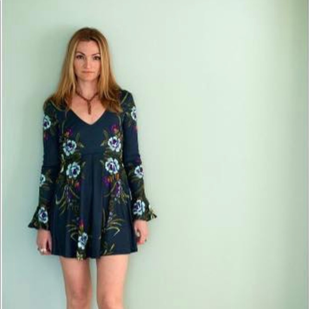Free People teal mini dress size XS bell long sleeves